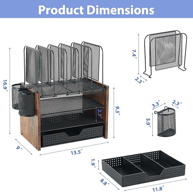 AUPSEN Desk Organizer with 5 Vertical File Holders, Storage Drawer & 2 Pen Holders, 5 Trays Paper Letter Tray Organizer, Mesh Desk Organizers and Accessories for Home Office (Vintage wood)