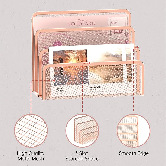 Mail Organizer Countertop for Desk, Mail File Holder with 3-Slot, Rose Gold | Metal Mesh Mail Sorter for Letters, Envelopes, Bills, and Files for Home Offices, Classroom Organization