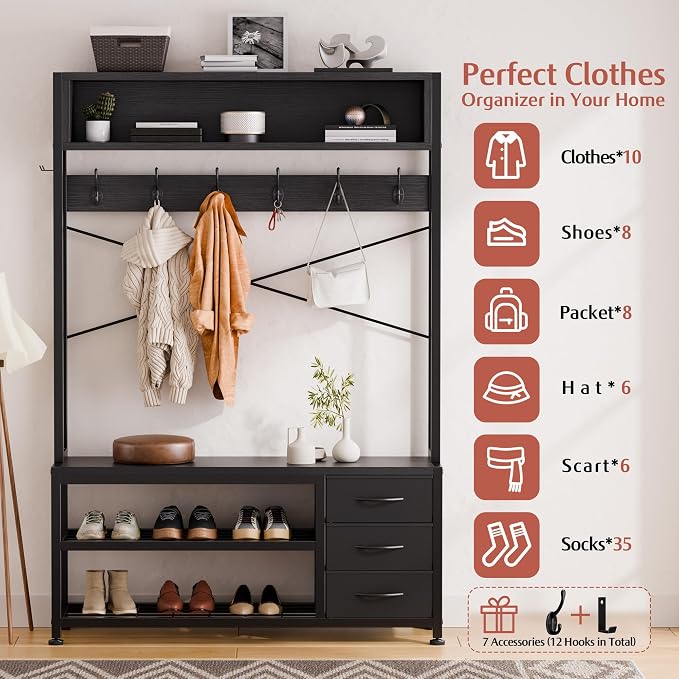 Hall Tree with Bench and 3 Drawers Storage, 39.4" Coat Rack Freestanding