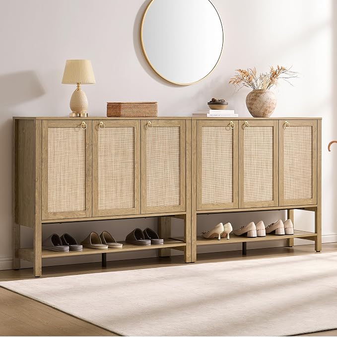 SICOTAS Rattan Shoe Cabinet with Storage, 30 Pairs Boho Shoe Organizer | Tall Farmhouse Shoe Rack Cabinet with 3 Doors & Adjustable Shelves for Entryway, Hallway, Living Room, Closet (2 Pieces)