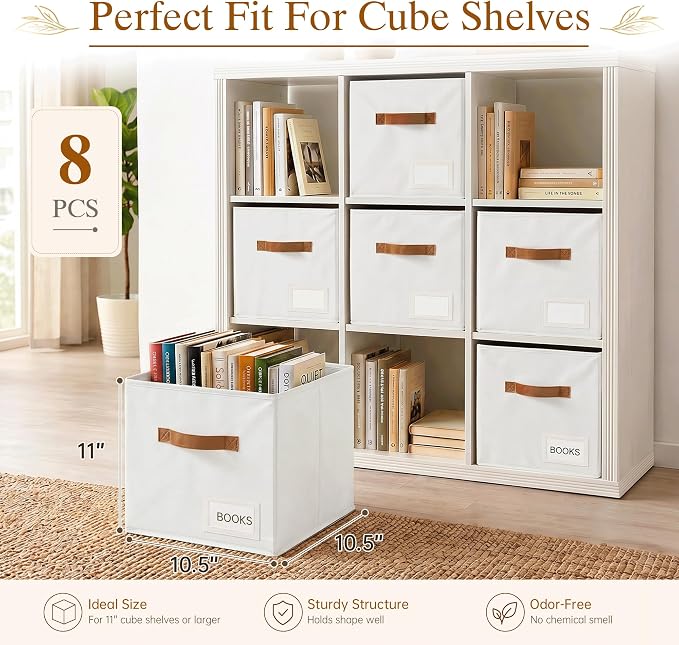 Storage Cubes 8 Pack, 11 Inch Fabric Storage Cubes Organizer Bins with Labels, Odor-Free & Sturdy PP Structure, Cubby Baskets for Closet, Shelves, Toys & Nursery (White)