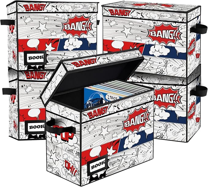 5 Pack Comic Book Storage Box, 15.8" X 7.8" X 11.8", Collapsible Holds 160-180 Comic Book Short Box Bin Container Holder Shelf(Cartoon Clock)