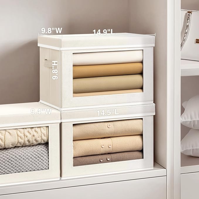 Homsorout Fabric Storage Bins with Lids, Storage Cubes with Window, Decorative Storage Boxes Baskets for Organizing, Closet Organizer Storage Bins for Home, Office, 3 Packs, Beige