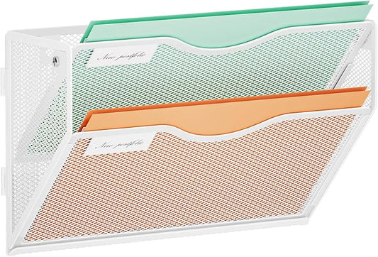 Marbrasse Wall File Holder 2-Tier Hanging Wall File Organizer, Mesh Mail Holder for Papers, Wall Mount File Clipboard & Magazine Organizer Great for Office Home (White)