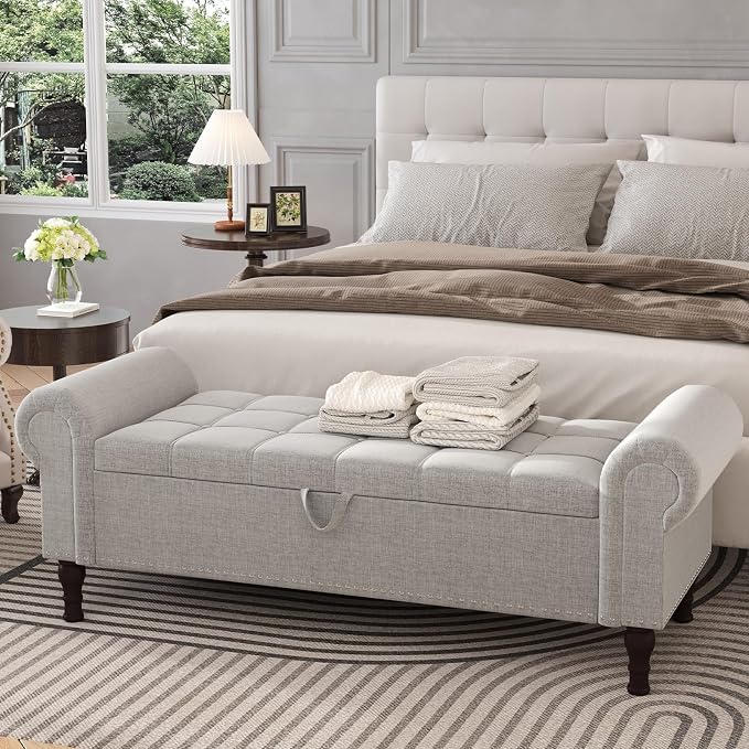 Apicizon 51” Bench with Storage, Upholstered Tufted Button Bedroom Bench with Storage, Linen Ottoman Bench for Bedroom, Living Room, Entryway, Light Gray