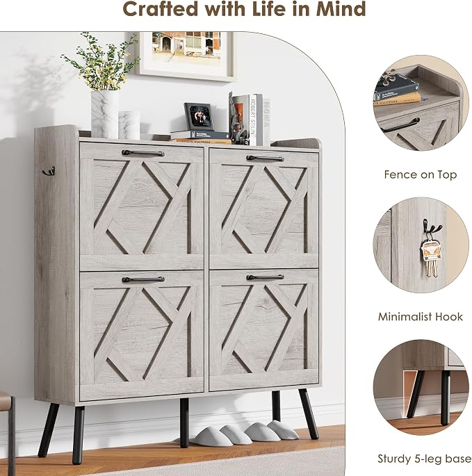 Nicetree Shoe Cabinet with 4 Flip Drawers, Freestanding Shoe Organizer Cabinet, Farmhouse Narrow Shoe Storage Cabinet for Entryway, Foyer, Hallway