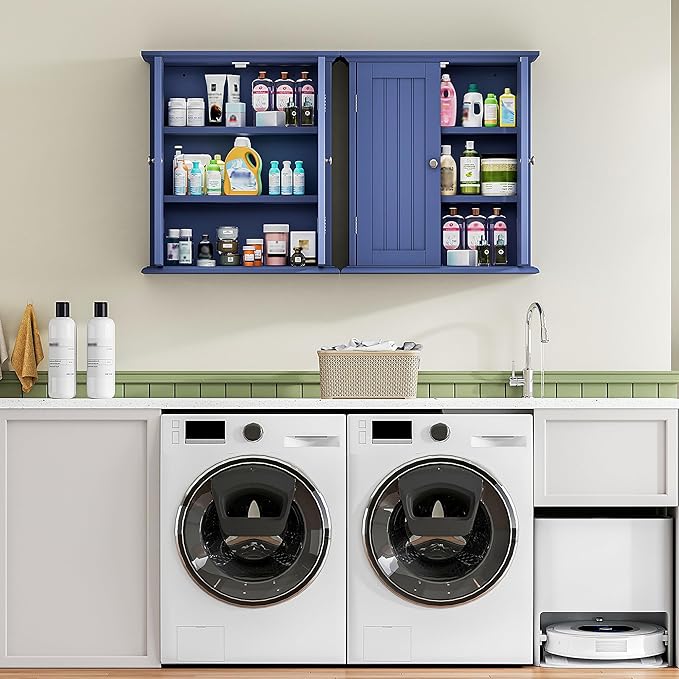ChooChoo Bathroom Wall Cabinet with 2 Doors, Over The Toilet | 8.8"D x 21.1"W x 24"H, Medicine Cabinet, Adjustable Shelves, Cupboard, Navy Blue