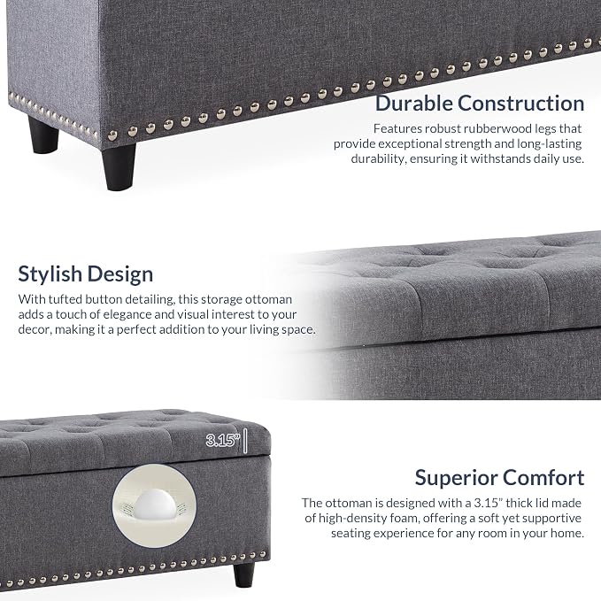 BELLEZE Storage Ottoman, Tufted Ottoman with Close Hinge, Foot Rest for Living Room (Gray, 47 inch)