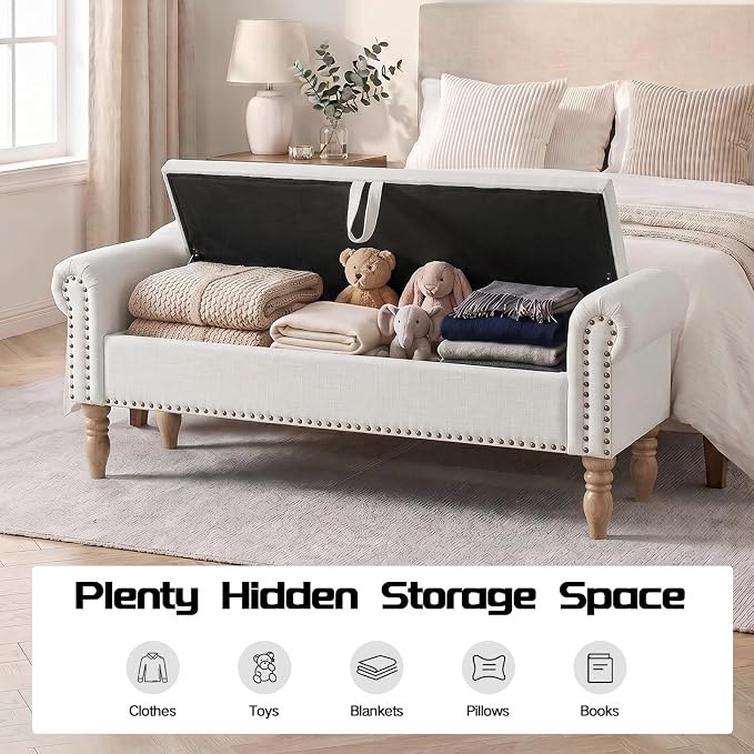 60" Storage Bench for Bedroom,End of Bed Bench with Storage | Linen King Size Bench with Rolled Arms,Storage Ottoman Benches for Living Room,Entryway,Benches for Foot of Bed,Beige