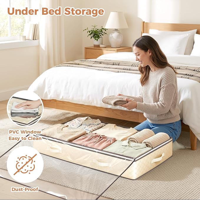 Budding Joy 90L Under Bed Storage Containers, 2 Pack Beige | Underbed organizers and clothing storage bags, closet storage bins with for blanket comforter bedding clothes bedroom dorm
