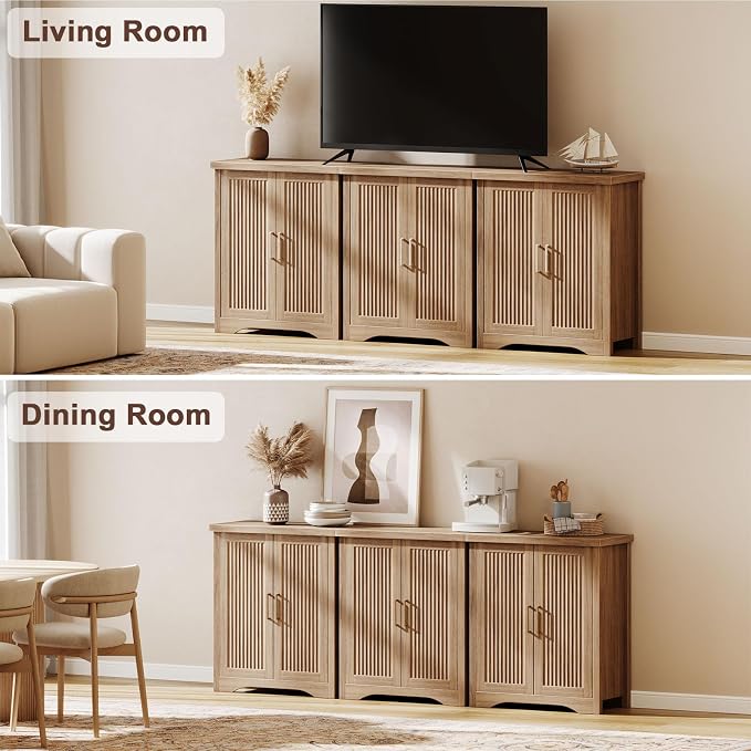 29" Fluted Sideboard Buffet Cabinet with Storage,Natural Oak | Modern Credenza with 2 Doors & Adjustable Shelves,Coffee Bar Table Console for Dining Room Kitchen Living Room Entryway