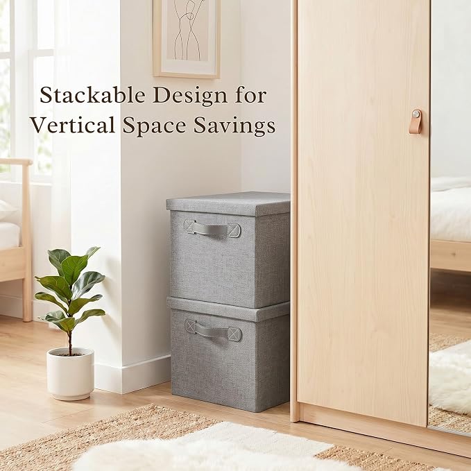 Fabric Storage Bins with Lids, Heavy Duty Collapsible Organizer Bins for Shelves, Stackable Closet Woven Baskets with Handles, 25L Rectangle Boxes for Bedroom Office, Cube Home Decor (Gray 2 Pack)