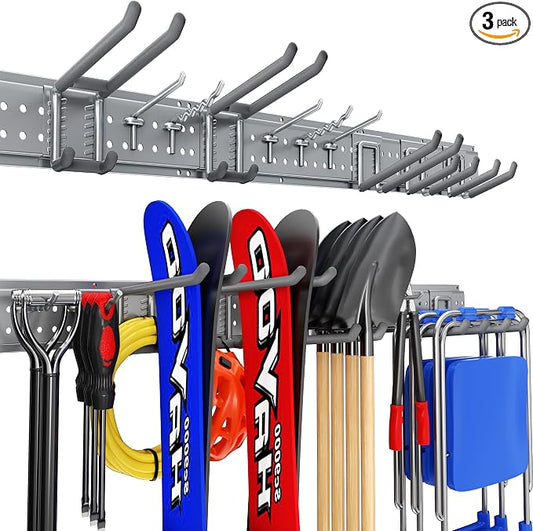 Garage Tool Organizer Wall Mount 49.5 inches with 10 Adjustable Heavy-Duty Hooks, Garage Organization, Garden Tool Storage Rack, Yard, and Shed, Holds Up to 400 lbs (Grey)