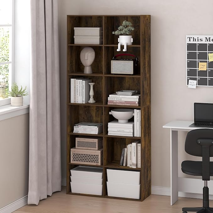 Furinno Basic Book Shelf, 12-Cube Bookshelf, Bookcase with Open Shelf, Cube Storage Organizer, 12 x 32 x 71, for Living Room, Home Office, Amber Pine