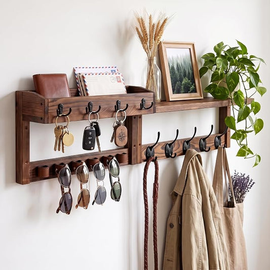 Wooden Key Holder Wall Mount with Shelf, Wall Key Rack and Mail Holder with 9 Key Hooks and 6 Sunglasses Holders, Farmhouse Key Hanger for Entryway Living Room Bedroom, Rustic Brown