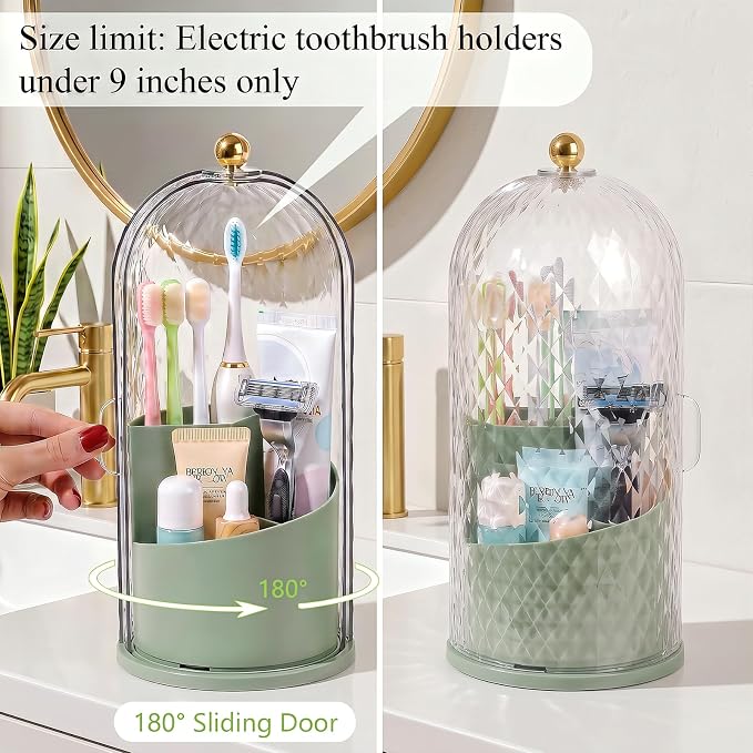 Toothbrush Holder with Cover for Bathroom Countertop, Organizer, Green | Rotating 3 Slot Holder for Electric Toothbrushes, Toothpaste, Self Draining Vanity Organizer, Makeup Brush Storage