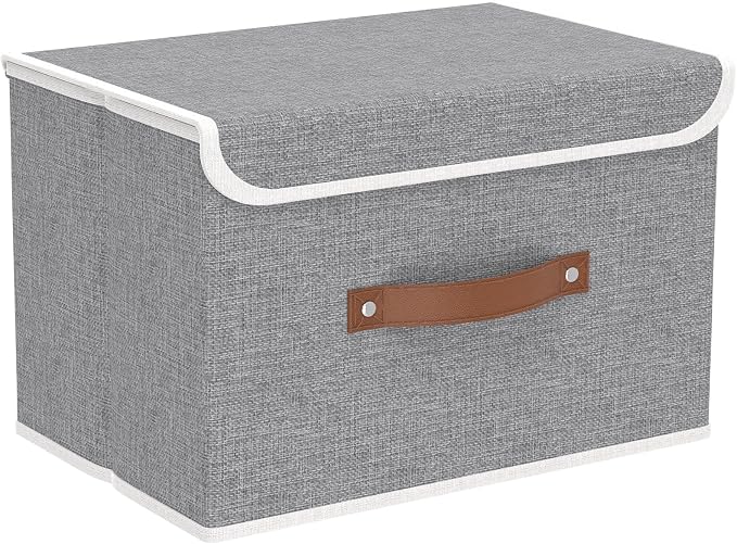 Yawinhe Storage Bins with Lids,Grey,17.7x11.8x11.8in,1-Pack | Fabric Container with Leather Handle,Washable Home Basket, Clothes Blanket Storage Boxes,Collapsible Closet Organizer