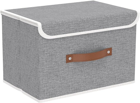 Yawinhe Storage Bins with Lids,Grey,17.7x11.8x11.8in,1-Pack | Fabric Container with Leather Handle,Washable Home Basket, Clothes Blanket Storage Boxes,Collapsible Closet Organizer