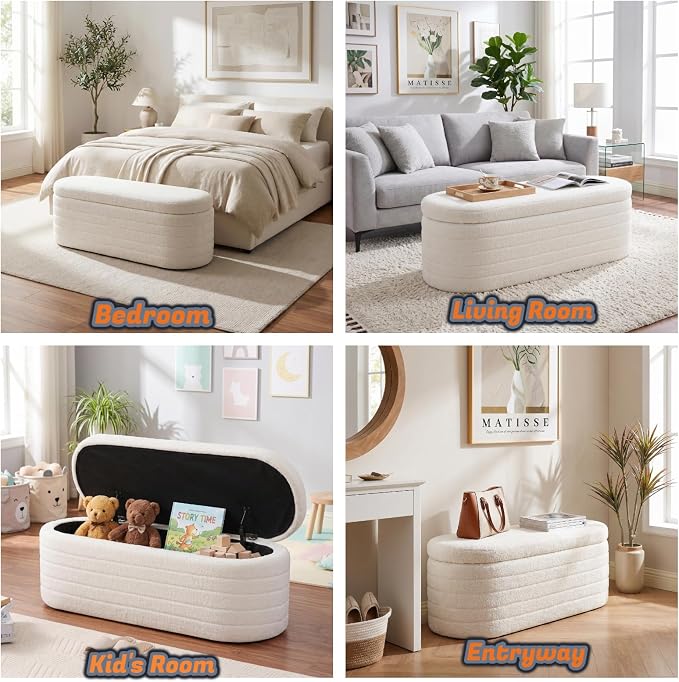 Teddy Sherpa Storage Ottoman Bench, Modern Upholstered Window Bench with Safety Hinge Lid, Oval White Ottoman for Living Room, Bedroom End of Bed