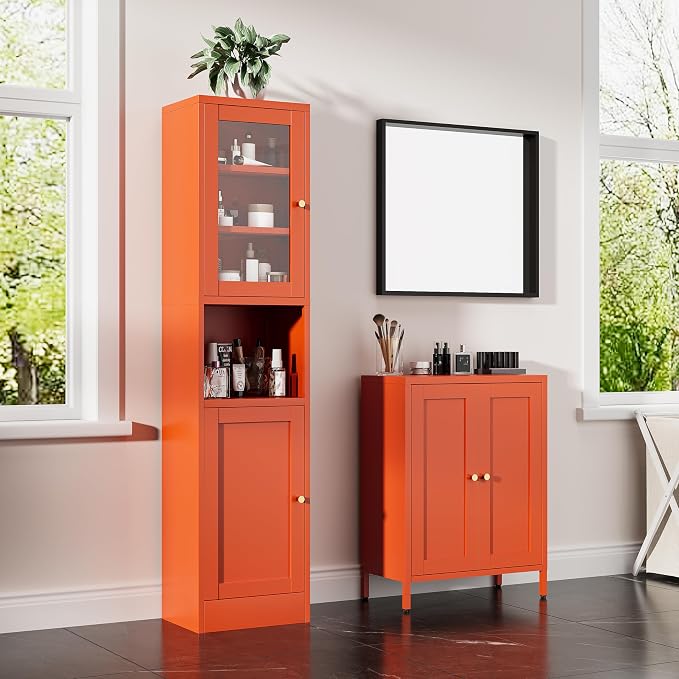 Bevivog Orange Metal Locker Cabinet with 2 Doors and 2 Adjustable Shelves, Small Accent Cabinet Bathroom Floor Storage Cabinets Short Sideboard for Entryway, Living Room, Hallway