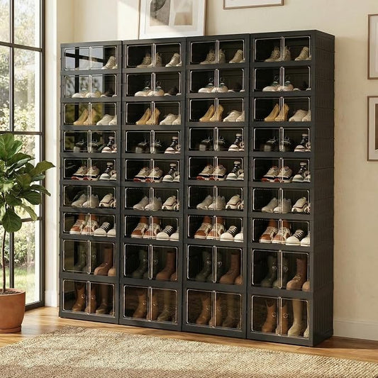 Foldable Shoe Organizer Storage Box Set of 4, Portable Extra Large Folding Shoe Rack for Closet, Shoe Storage Box with Magnetic Transparent Door and Wheels, 9 Layers 18 Grids with 4 Big Grids