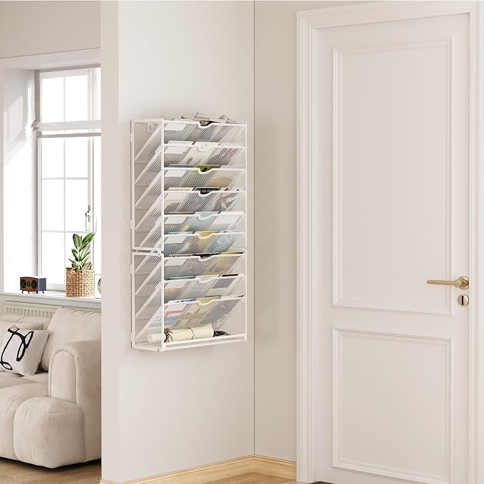 Lavatino 10-Tier Hanging Wall File Folders Organizer - White Metal Mesh Paper Magazine Document Mail Holder File Organizer for Office School Home Wall Mount or Desk Supplies Organization