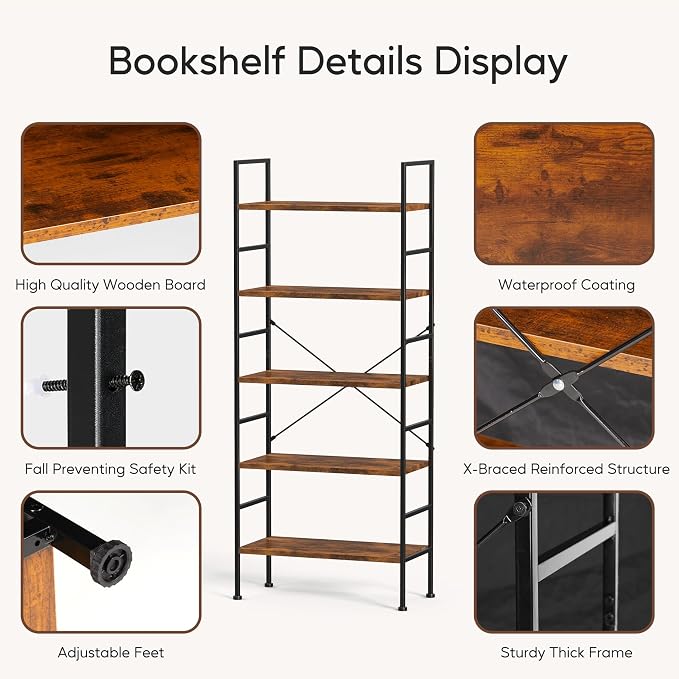 HealSmart 5 Tier Bookshelf, Free Standing Book Shelf Home Office Bookcase Shelf Storage Organizer for Bedroom, Bathroom, Living Room, Office, Balcony, Classic Black