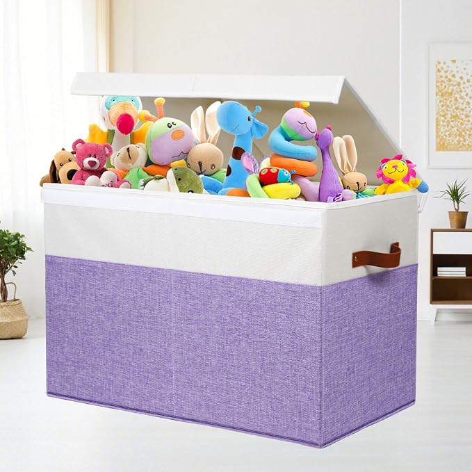 Large Toy Storage Box with Lid, Toy Chest Bin Boxes Basket with Dividers | Sturdy Toy Organizer Bin for Kids, Boys, Girls, Nursery, Living Room, Bedroom, Playroom 25"x13" x16" (Purple and White)