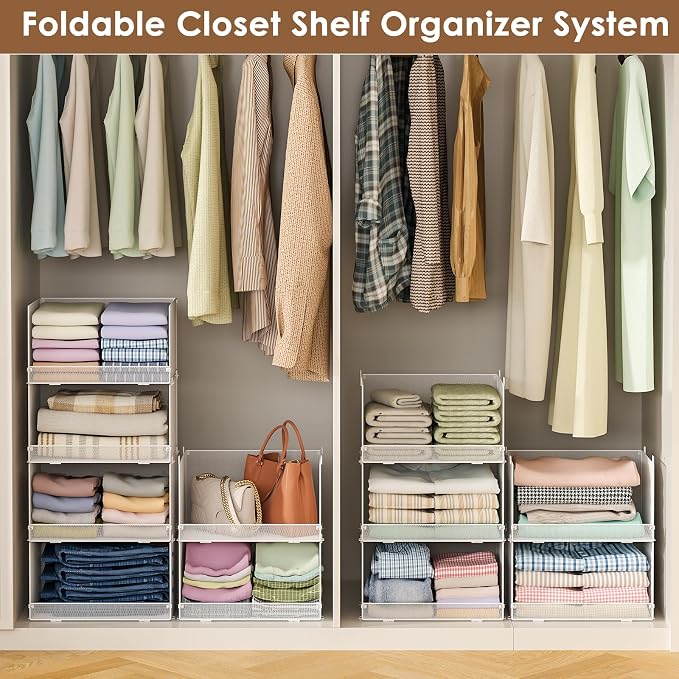 Tiaoheka 5-Tier Stackable Closet Organizers and Storage, Metal Wire Storage Shelves for Closet, Mesh Closet Shelves and Storage Bins for Clothes, Sweaters and Handbags