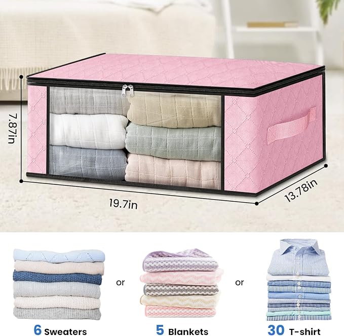 HomeHacks 6-Pack Clothes Organizer Storage Bags, 35L Storage Bins, Pink | Foldable Storage Box Container with Zippers, Clear Window, Reinforced Handles for Closet, Dorm, Pillows, Bedding, Sweater