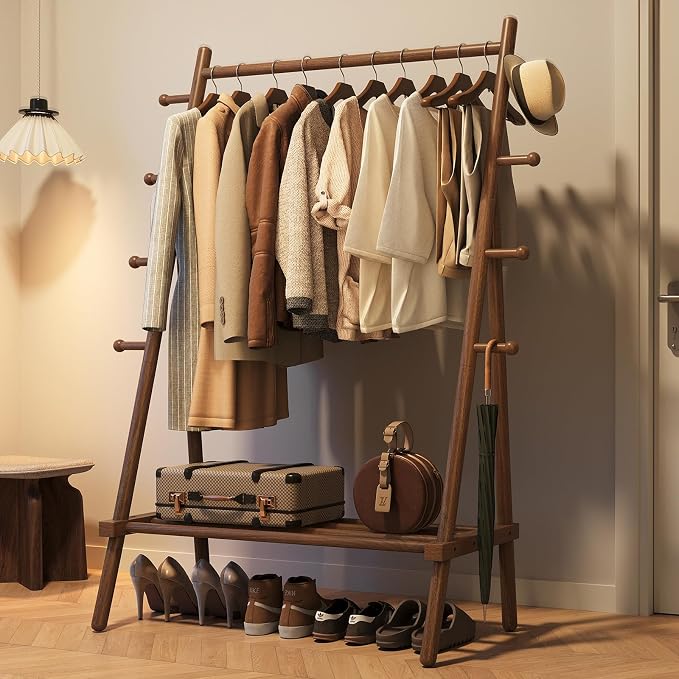 Yoobure Solid Wood Clothes Rack - Heavy Duty Clothing Racks for Hanging Clothes with 8 Hooks, Portable Garment Rack for Dress Shirt Shoe, Freestanding Wardrobe Coat Racks with Shelf for Closet Bedroom