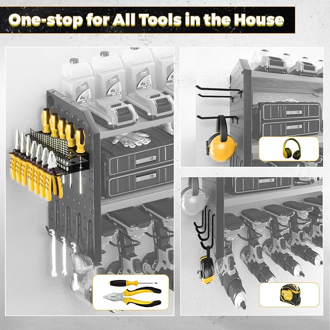 Power Tool Organizer，Large 8 Drill Holder Wall Mount ，Heavy Duty Metal Tool Shelf with 12 Hooks Storage Rack for Garage Organization，Utility Cordless Drill Holder and Battery Shelves