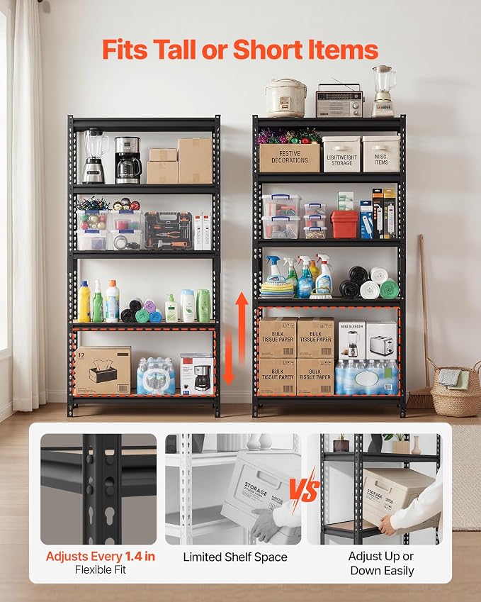 VEVOR Storage Shelves, 5-Tier Adjustable, 3000 lbs Capacity, Heavy Duty Garage Storage Shelving Unit, Metal Utility Rack Shelf, for Kitchen Pantry Basement Bathroom, 36.34" W x 12.17" D x 71.38" H