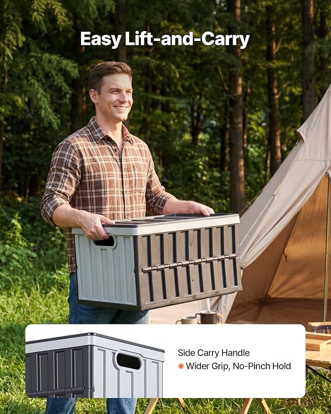 VEVOR Plastic Collapsible Storage Bins with Lids, 65L 2 Packs, Stackable Folding Storage Crates with Handles, Holds 84 lbs Per Bin, Heavy Duty Containers, Space-Saving Baskets, for Home Organizing