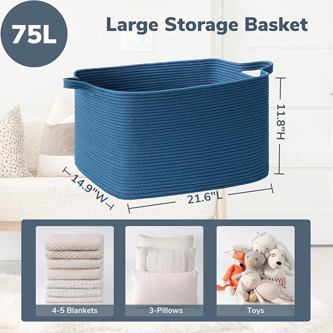 Goodpick Large Cotton Rope Blanket Basket, Rectangle Organizer, Dark Blue | 21.6 x 14.9 x 11.8 in, Reinforced Handles, Living Room, Bedroom & Nursery Organization, Blankets, Towels & Toys Storage