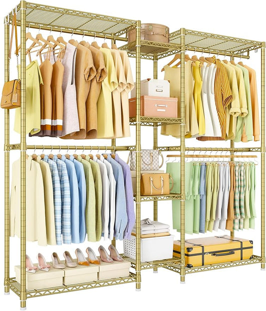 Ulif E4 Clothes Rack, Heavy-Duty Garment Rack Can Be L-Shaped Closet, Gold | Metal Freestanding Clothing Organization Storage System with Shelves and Hangers, Load 962lbs, 70.8"W x 14.5"D x 79.3"H