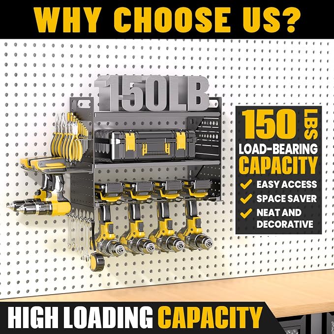 16.5" W Power Tool Organizer Wall Mount, 3-Layer,6 Drill Holders | Small Tool Storage Rack, Heavy Duty 150 lb Load Capacity for Garage Workshop, Black, Gift for Men