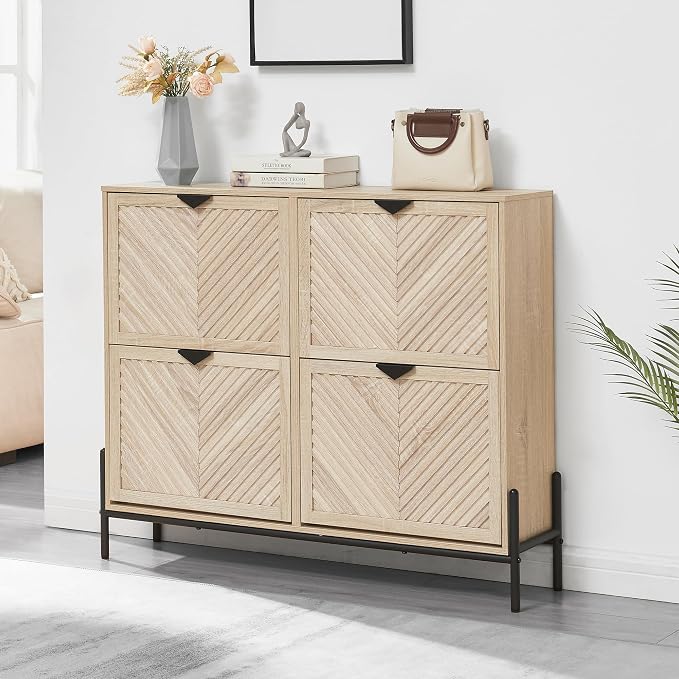 Shoe Cabinet with 4 Flip Drawers, Narrow Entryway Rack, Oak | Slanted Wood Grain, Freestanding, Adjustable Compartments, Removable Middle Shelf, Metal Handles, for Hallway Foyer Entrance
