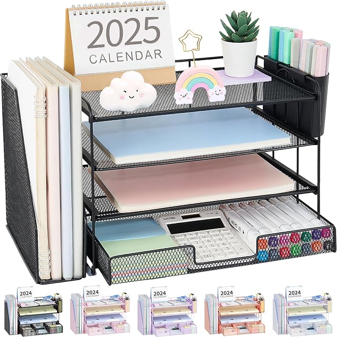 OPNICE Desk Organizer, 4-Tier Desktop File Organizer with Drawer and Pen Holders, Office Desk Accessories, File Sorters, Workspace Organizers for Office Supplies(Black)