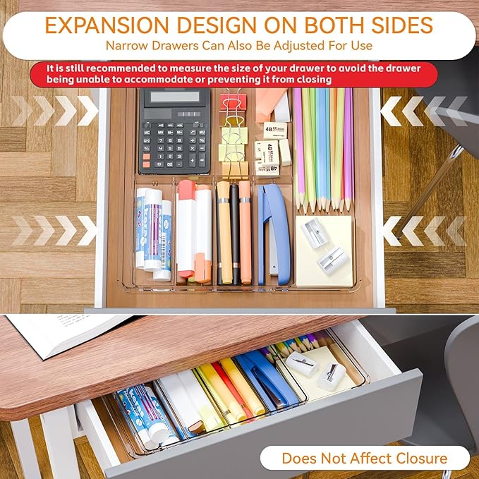 Yieach Expandable Desk Drawer Organizer Tray,1.8 Inch High Junk Drawer Organizer for Kitchen,Clear Shallow Office Drawer Organizers With 10 Compartments for Pencil,Pen,Office Supplies and Accessories
