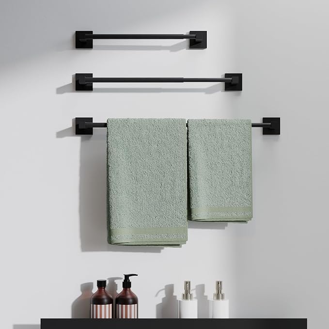RUACQ Adjustable Towel Bar, Towel Racks for Bathroom Wall Mounted, Black | Adjust 13.8 to 24 inch Single Towel Rod, Bath Towel Holder, 304 Stainless Steel, Rustproof, Square Base, Heavy Duty, Modern