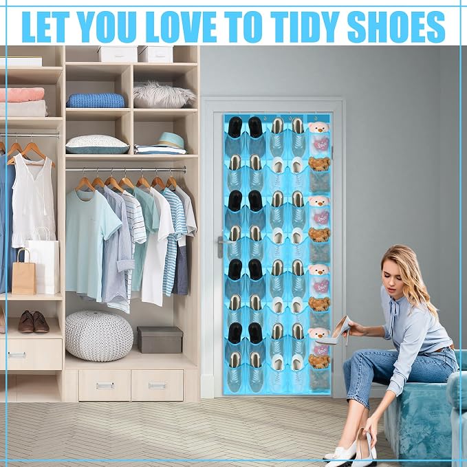 Windyun 40 over the Door Shoe Organizer Large Mesh Pocket Hanging Shoe Rack for Closet Sky Blue Nonslip Behind Door Storage Holder Back to School Organizer for Dorm Room College Classroom Storage