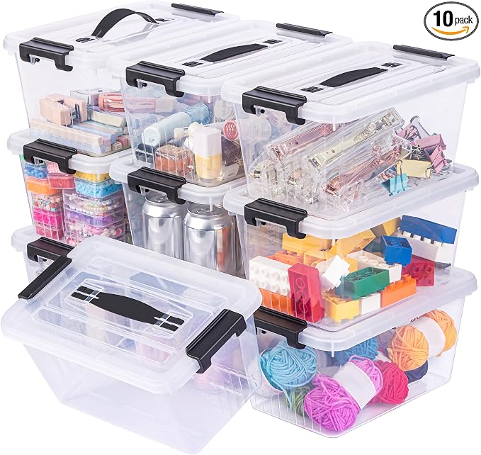 OUTUXED Storage Bins with Lids 10 Pack 7Qt Clear Stackable Containers Boxes | Clear Plastic, Lidded Containers, Stackable Design, for Home Office Pantry and Small-Item Organization