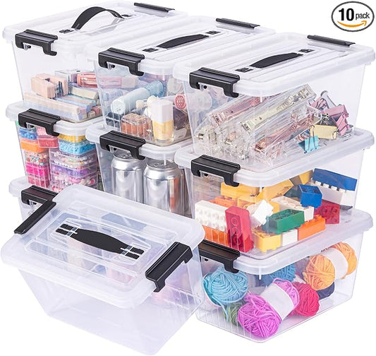 OUTUXED Storage Bins with Lids 10 Pack 7Qt Clear Stackable Containers Boxes | Clear Plastic, Lidded Containers, Stackable Design, for Home Office Pantry and Small-Item Organization