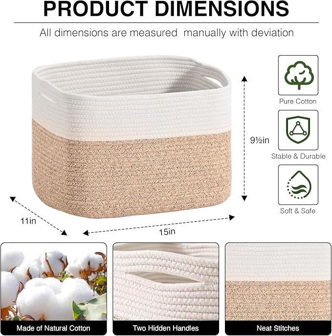 ICERZCZ Woven Cotton Rope Storage Basket for Organizing, Cute Decorative Baskets for Gifts Empty, Organizer Bins for Dog Toy, Baby Laundry, 15“×11”×9.5“, Off White & Brown