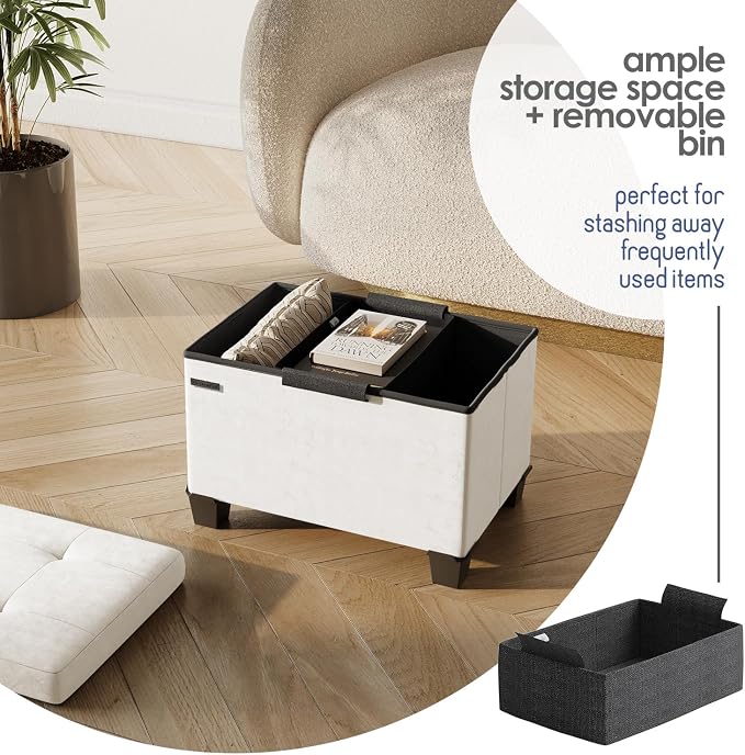Storage Ottoman Cube with Small Bin, 16-in Square Ottoman with Storage for Living Room and Bedroom, Small Ottomans Foot Rest, Velvet Foot Stools Ottomans Max 330lbs, Cream