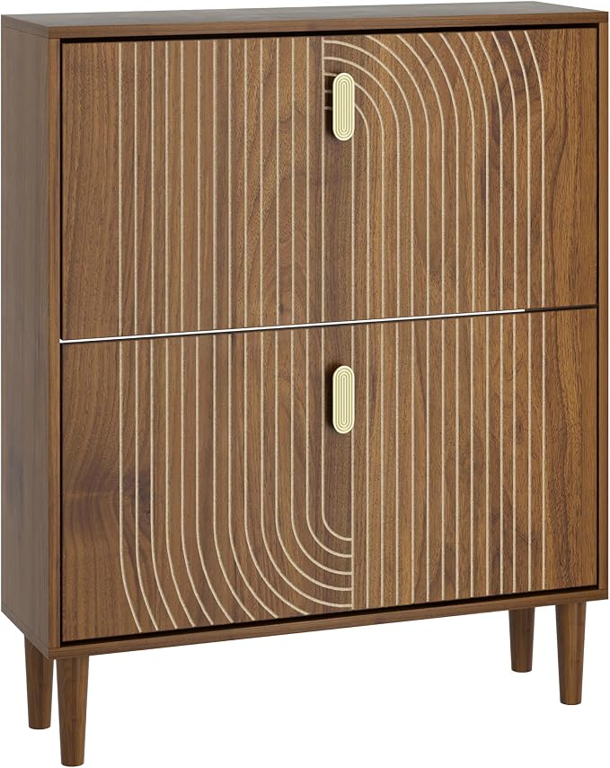 Smuxee Shoe Cabinet with 2 Flip Drawers, 31.5" Walnut Hidden Shoe Storage Cabinet with Line Groove Design, Freestanding Shoe Organizer Cabinet for Hallway, Entryway, Living Room