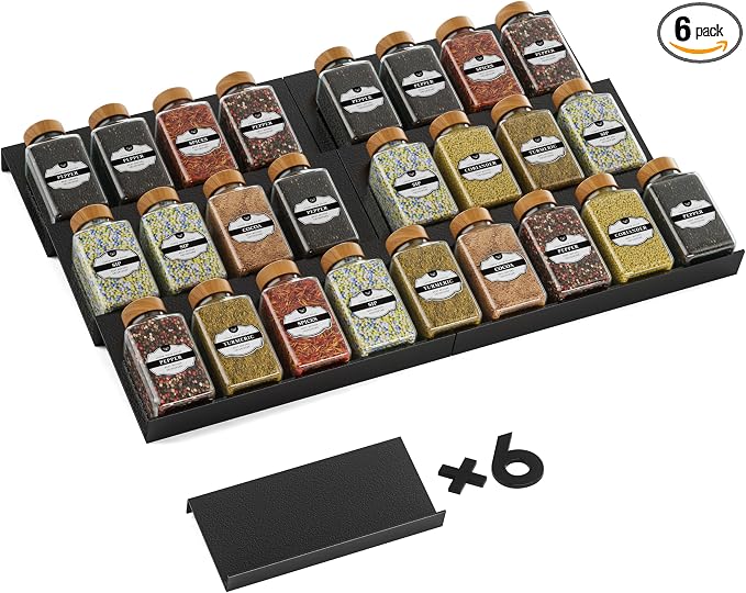 Spice Drawer Organizer, Spice Rack Tray for Kitchen Cabinet, Expandable Seasoning Storage Rack Insert for Drawer/Countertop,6 Pieces Set, Aluminum (Jars Not Included)
