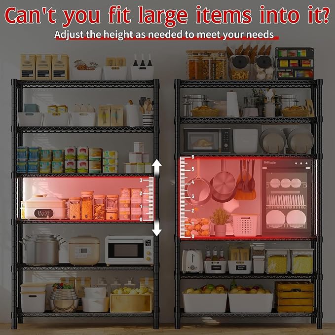 REIBII 75''H 6 Tier Wire Shelving,1800LBS Storage Shelves,Kitchen,Pantry | 19.1mm diameter rods, 300 lbs/shelf, adjustable shelf height with leveling feet, tool-free setup, fits garage/basement