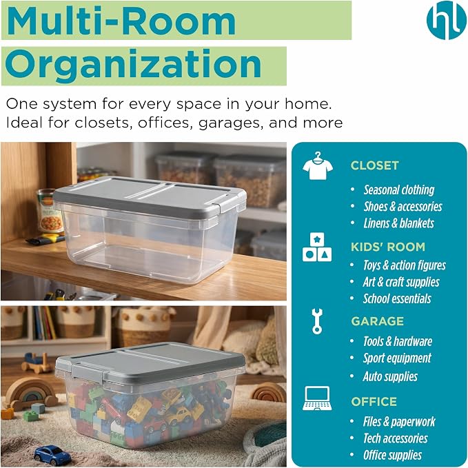 Home Logic 15 Qt Latched Storage Bin with Lid, Stackable Plastic Storage Container, Organizer for Home, Office & Classroom, 8 Pack, Gray